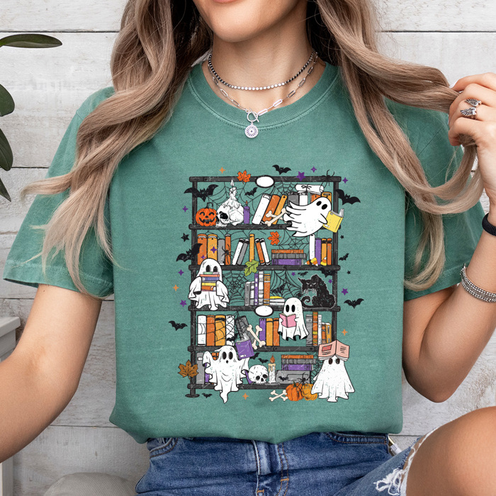 Halloween Ghost Book Shelf Comfort Colors Tee, Spooky Reading Book Printed Tee, Halloween Horror Book Tok Tee