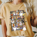 XL Mustard Halloween Ghost Book Shelf Comfort Colors Tee, Spooky Reading Book Printed Tee, Halloween Horror Book Tok Tee