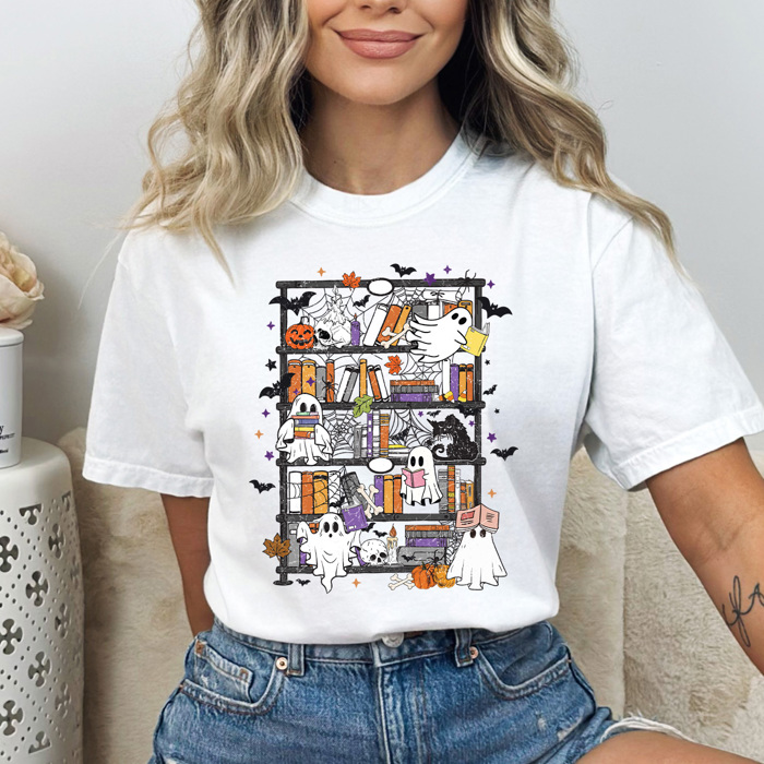 Halloween Ghost Book Shelf Comfort Colors Tee, Spooky Reading Book Printed Tee, Halloween Horror Book Tok Tee
