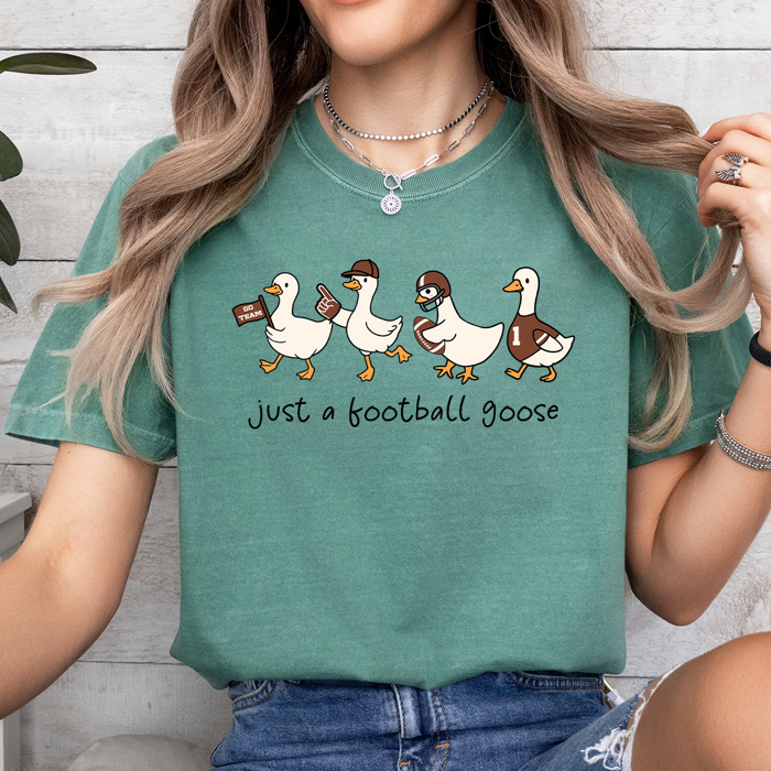 Just A Football Goose Comfort Colors Tee, Silly Goose Printed Tee, Game Day Football Goose 