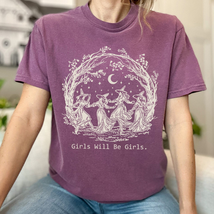 Girls Will Be Girls Witchy Comfort Colors Tee, Witch Coven Funny Printed Tee, Halloween Spooky Shirt
