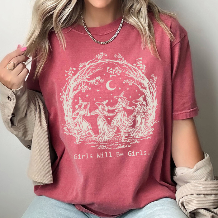 Girls Will Be Girls Witchy Comfort Colors Tee, Witch Coven Funny Printed Tee, Halloween Spooky Shirt