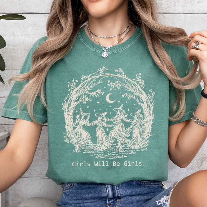Girls Will Be Girls Witchy Comfort Colors Tee, Witch Coven Funny Printed Tee, Halloween Spooky Shirt