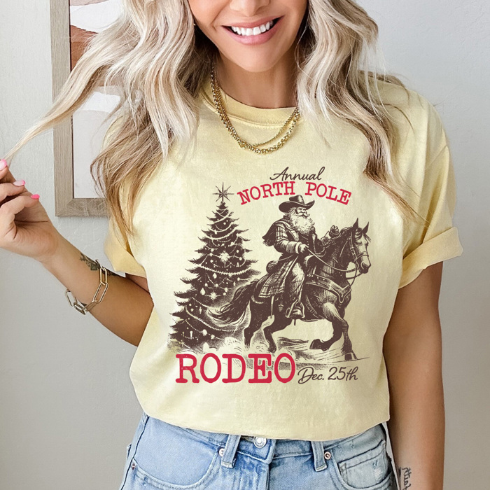 North Pole Rodeo Comfort Colors Tee, Holliday Graphic Tee, Santa, Horse, Cowoboy Shirt 