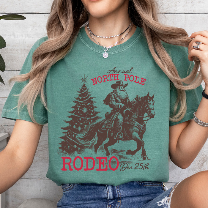 North Pole Rodeo Comfort Colors Tee, Holliday Graphic Tee, Santa, Horse, Cowoboy Shirt 