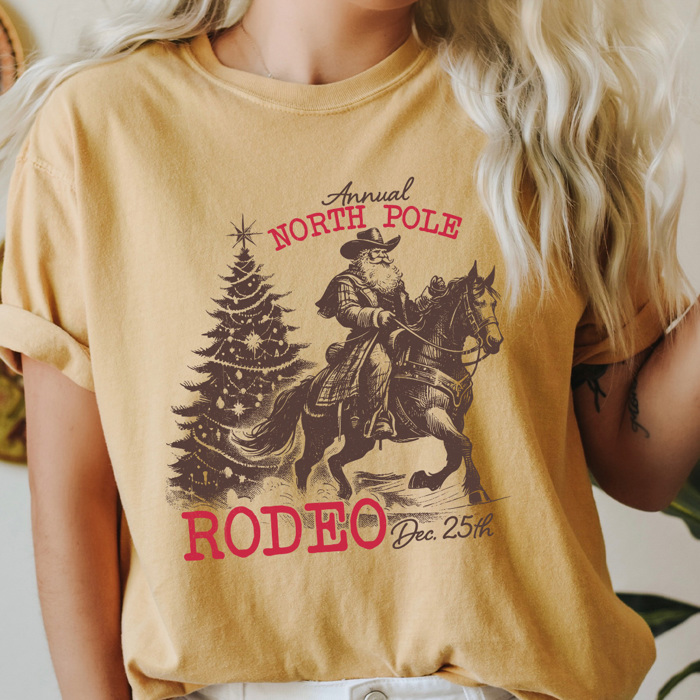 North Pole Rodeo Comfort Colors Tee, Holliday Graphic Tee, Santa, Horse, Cowoboy Shirt 