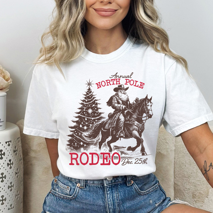 North Pole Rodeo Comfort Colors Tee, Holliday Graphic Tee, Santa, Horse, Cowoboy Shirt 