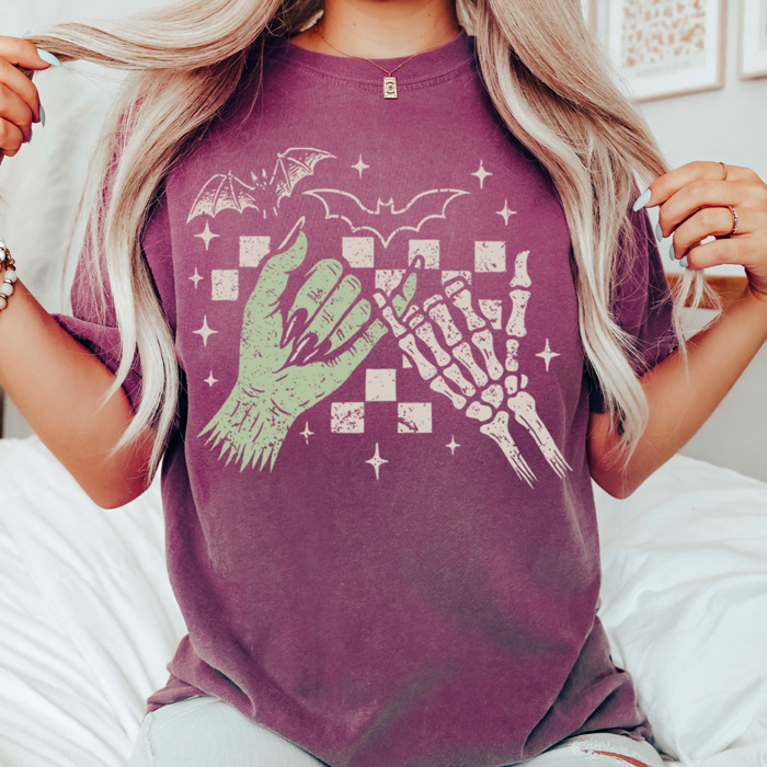 Frankenstein And Skeleton Pinky Promise Comfort Colors, Halloween Spooky Graphic Tee, Halloween Checkered Printed Tee