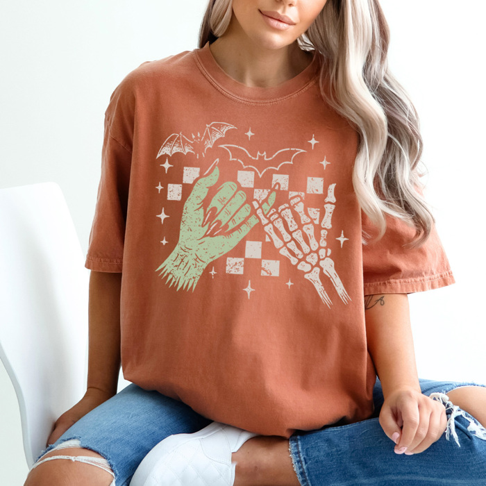 Frankenstein And Skeleton Pinky Promise Comfort Colors, Halloween Spooky Graphic Tee, Halloween Checkered Printed Tee
