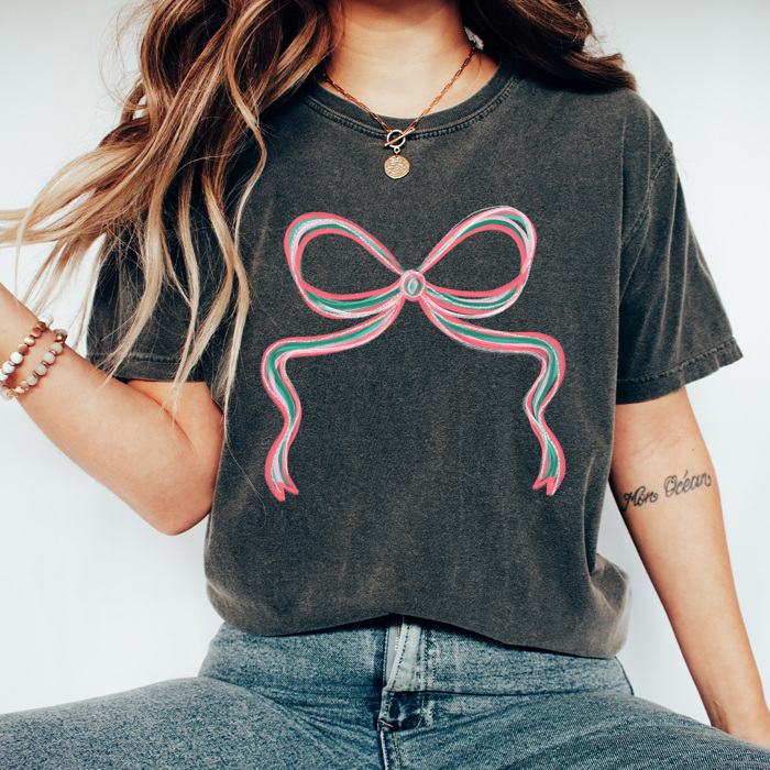 Holiday Christmas Bows Comfort Colors Tee, Festive Coquette Bow Printed Tee 