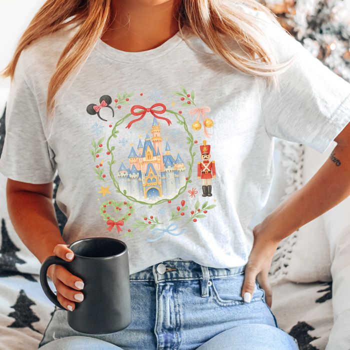Theme Park Castle Christmas Graphic Tee, Watercolor Holiday Graphic Shirt, Theme Park Mouse 