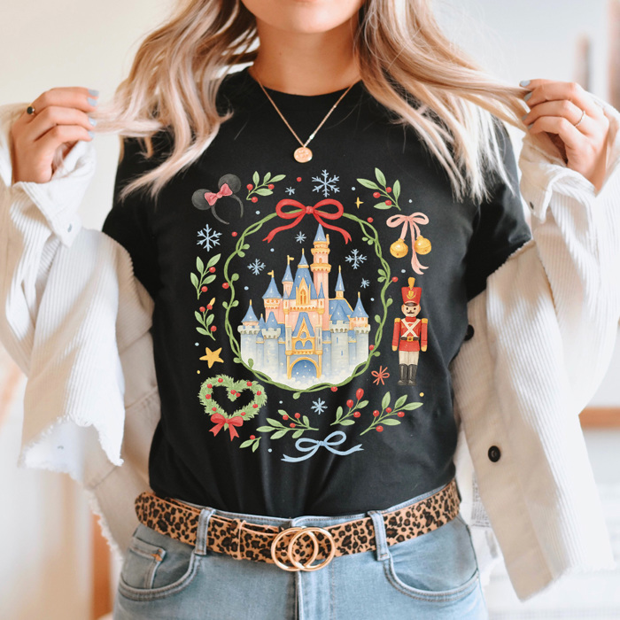 Theme Park Castle Christmas Graphic Tee, Watercolor Holiday Graphic Shirt, Theme Park Mouse 