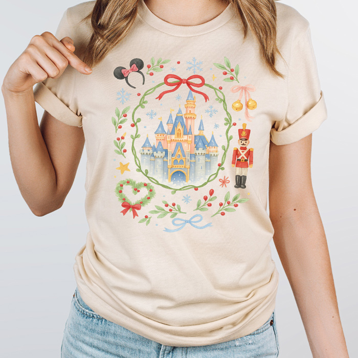 Theme Park Castle Christmas Graphic Tee, Watercolor Holiday Graphic Shirt, Theme Park Mouse 