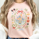 XL Peachy Theme Park Castle Christmas Graphic Tee, Watercolor Holiday Graphic Shirt, Theme Park Mouse 