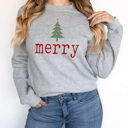 Small Athletic Heather Merry Tree Fleece Sweatshirt, Holiday Sweatshirt, Merry Christmas Pull Over