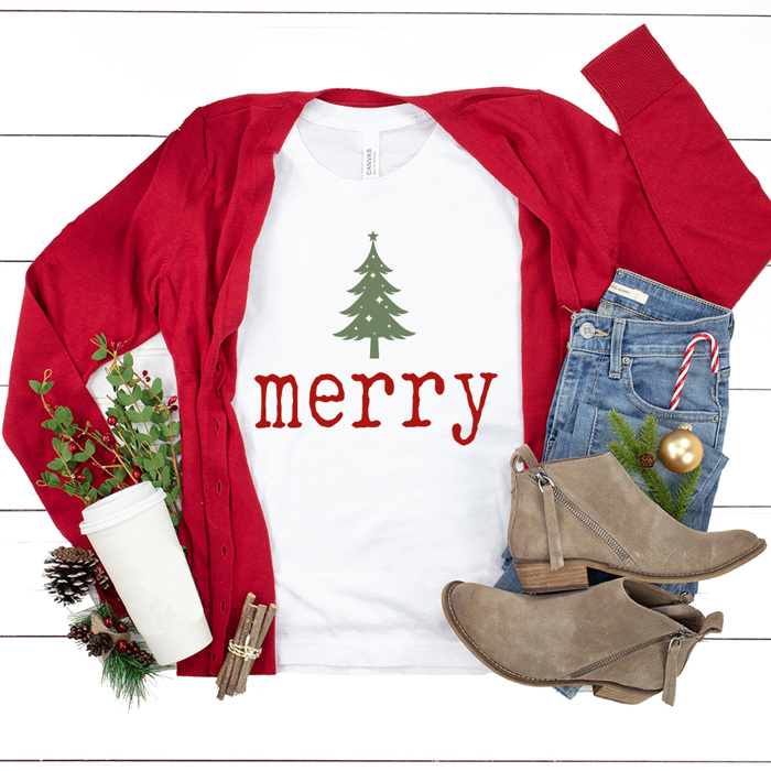 Merry Tree Graphic Tee, Holiday Printed Shirt, Merry Christmas Tee