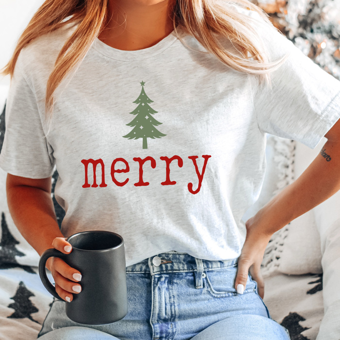Merry Tree Graphic Tee, Holiday Printed Shirt, Merry Christmas Tee