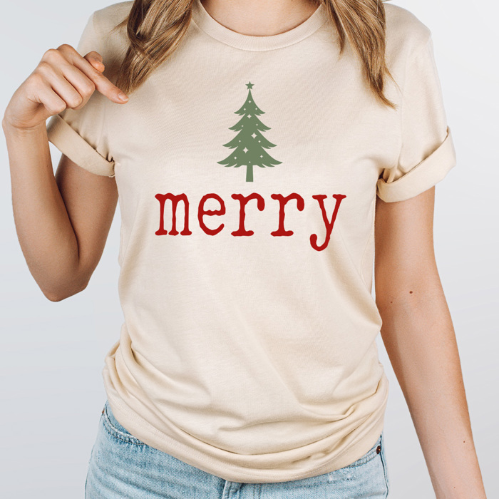 Merry Tree Graphic Tee, Holiday Printed Shirt, Merry Christmas Tee