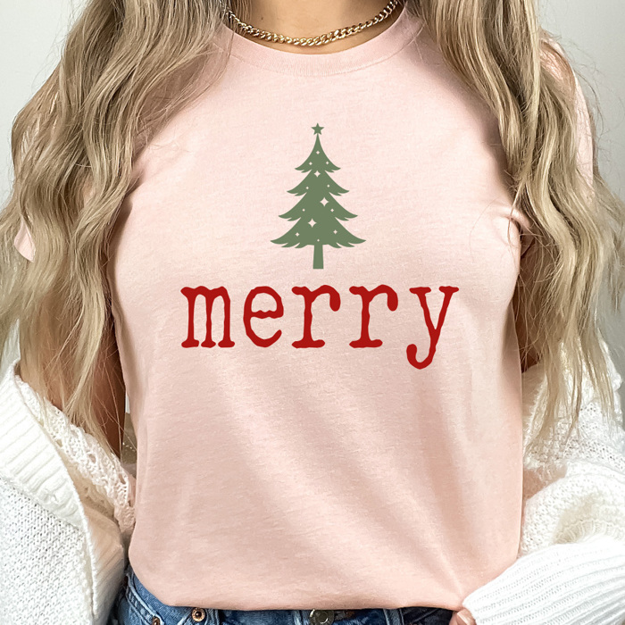 Merry Tree Graphic Tee, Holiday Printed Shirt, Merry Christmas Tee