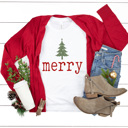 Small White Merry Tree Graphic Tee, Holiday Printed Shirt, Merry Christmas Tee