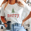  Merry Tree Graphic Tee, Holiday Printed Shirt, Merry Christmas Tee