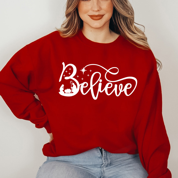 Nativity Believe Fleece Sweatshirt, Holly Night Graphic Sweatshirt, Jesus Holiday Pullover 