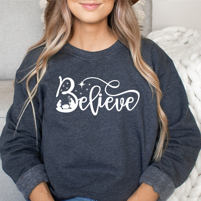 Nativity Believe Fleece Sweatshirt, Holly Night Graphic Sweatshirt, Jesus Holiday Pullover 