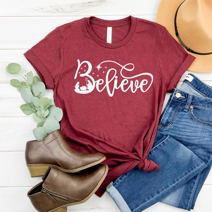 Believe Nativity Graphic Tee, Jesus Birth Printed Tee, Christmas Shirt 