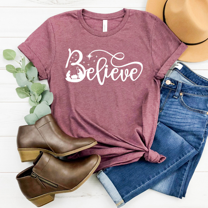 Believe Nativity Graphic Tee, Jesus Birth Printed Tee, Christmas Shirt 