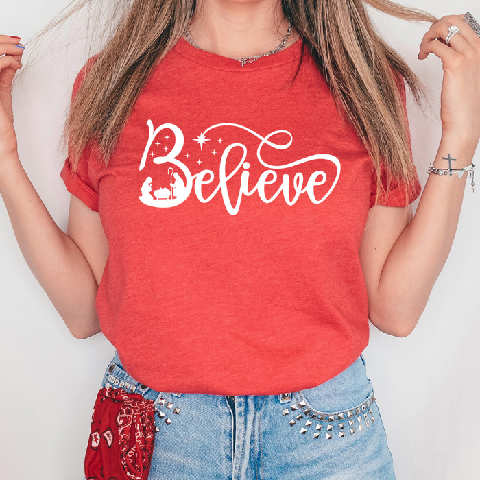 Believe Nativity Graphic Tee, Jesus Birth Printed Tee, Christmas Shirt 