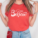 XL Heather Red Believe Nativity Graphic Tee, Jesus Birth Printed Tee, Christmas Shirt 