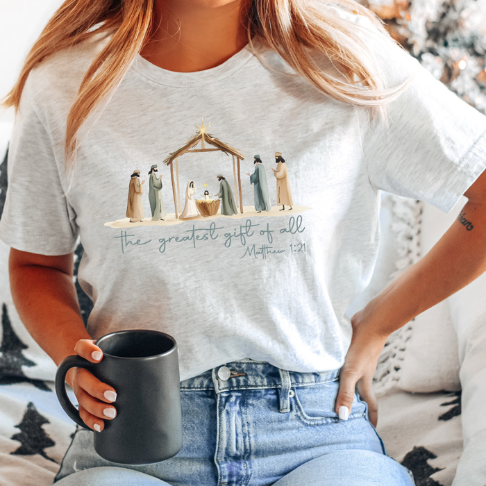 The Greatest Gift Of All Graphic Tee, Christmas Nativity Shirt, Jesus Birth Watercolor Tee