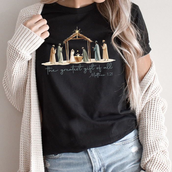 The Greatest Gift Of All Graphic Tee, Christmas Nativity Shirt, Jesus Birth Watercolor Tee