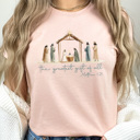 XL Peachy The Greatest Gift Of All Graphic Tee, Christmas Nativity Shirt, Jesus Birth Watercolor Tee