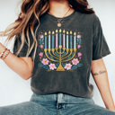  Hanukkah Menorah Comfort Colors Tee, Festival Of Lights Tee, Jewish Holiday Shirt, Faux Glitter Floral Menorah Graphic