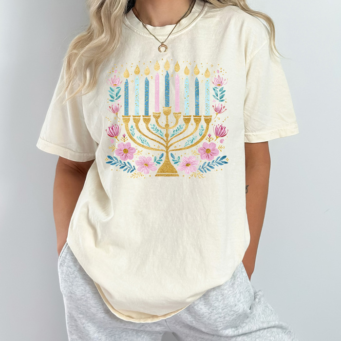 Hanukkah Menorah Comfort Colors Tee, Festival Of Lights Tee, Jewish Holiday Shirt, Faux Glitter Floral Menorah Graphic
