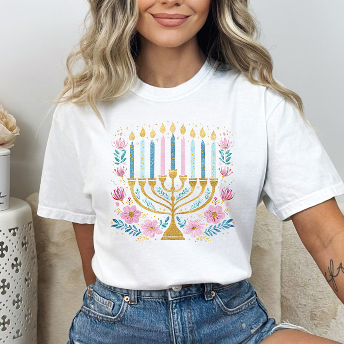 Hanukkah Menorah Comfort Colors Tee, Festival Of Lights Tee, Jewish Holiday Shirt, Faux Glitter Floral Menorah Graphic