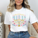 Small White Hanukkah Menorah Comfort Colors Tee, Festival Of Lights Tee, Jewish Holiday Shirt, Faux Glitter Floral Menorah Graphic