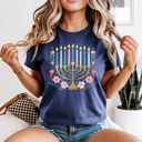  Hanukkah Menorah Comfort Colors Tee, Festival Of Lights Tee, Jewish Holiday Shirt, Faux Glitter Floral Menorah Graphic
