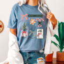 Large Blue Jean Merry And Bright Christmas Comfort Colors Tee, Holiday Collage Shirt, Snowman, Christmas Tree, Candy Can