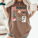 Small Espresso Merry And Bright Christmas Comfort Colors Tee, Holiday Collage Shirt, Snowman, Christmas Tree, Candy Can