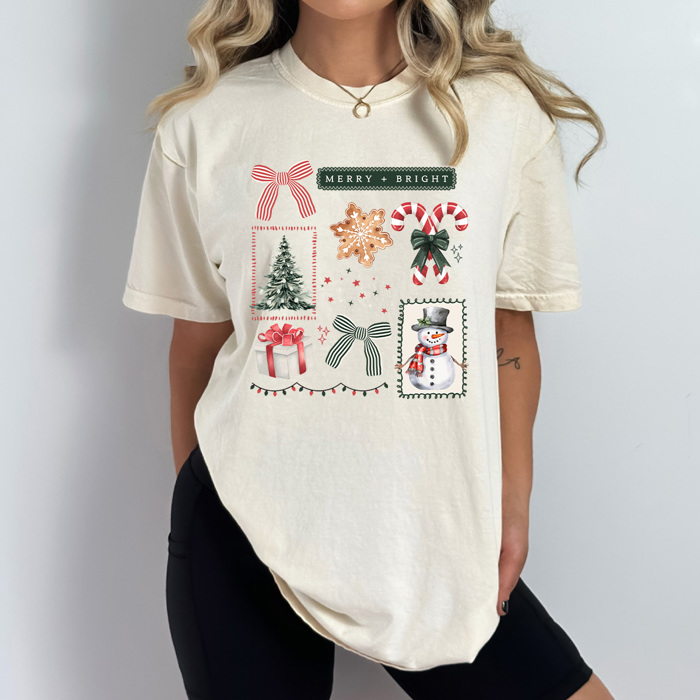 Merry And Bright Christmas Comfort Colors Tee, Holiday Collage Shirt, Snowman, Christmas Tree, Candy Can