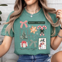 Large Light Green Merry And Bright Christmas Comfort Colors Tee, Holiday Collage Shirt, Snowman, Christmas Tree, Candy Can