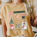 Small Mustard Merry And Bright Christmas Comfort Colors Tee, Holiday Collage Shirt, Snowman, Christmas Tree, Candy Can