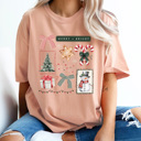 XL Peachy Merry And Bright Christmas Comfort Colors Tee, Holiday Collage Shirt, Snowman, Christmas Tree, Candy Can