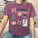  Merry And Bright Christmas Comfort Colors Tee, Holiday Collage Shirt, Snowman, Christmas Tree, Candy Can