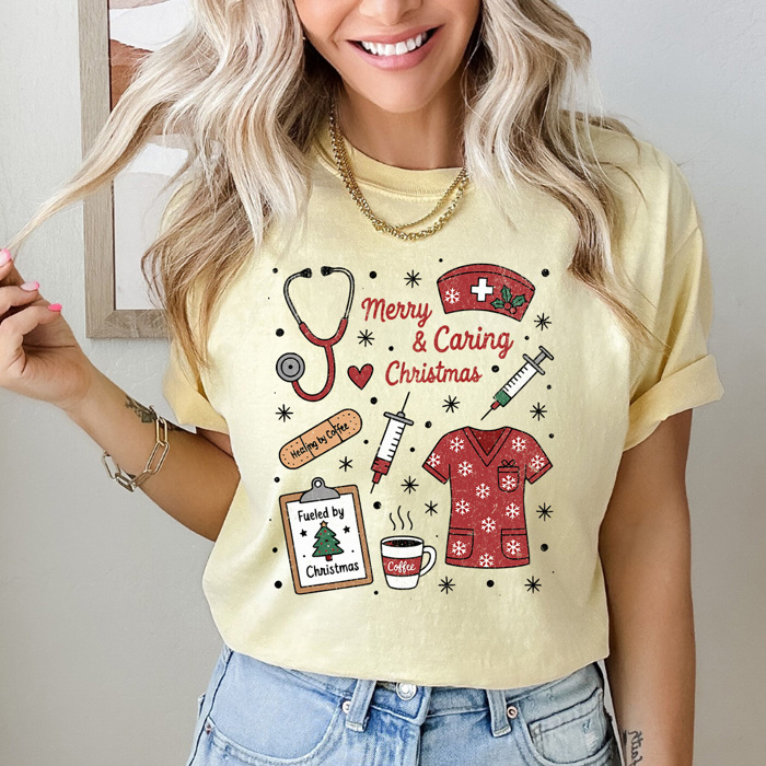 Merry And Caring Christmas Comfort Colors Tee, Nurse Holiday Graphic Tee, Christmas Doctor Shirt 