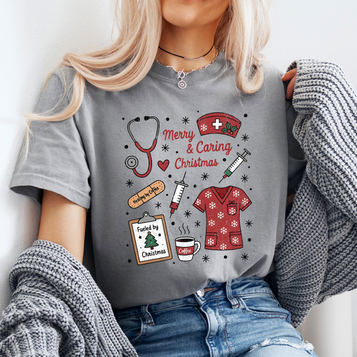 Merry And Caring Christmas Comfort Colors Tee, Nurse Holiday Graphic Tee, Christmas Doctor Shirt 