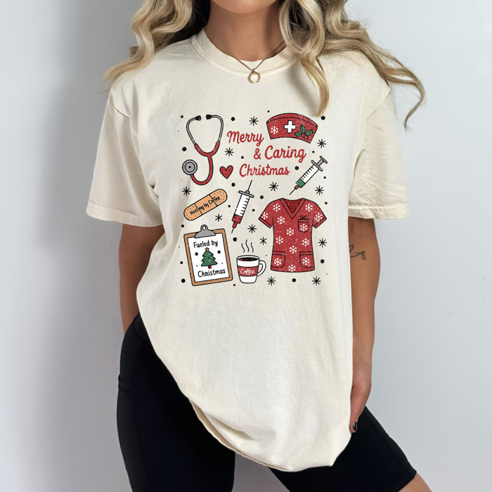 Merry And Caring Christmas Comfort Colors Tee, Nurse Holiday Graphic Tee, Christmas Doctor Shirt 