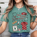 Small Light Green Merry And Caring Christmas Comfort Colors Tee, Nurse Holiday Graphic Tee, Christmas Doctor Shirt 
